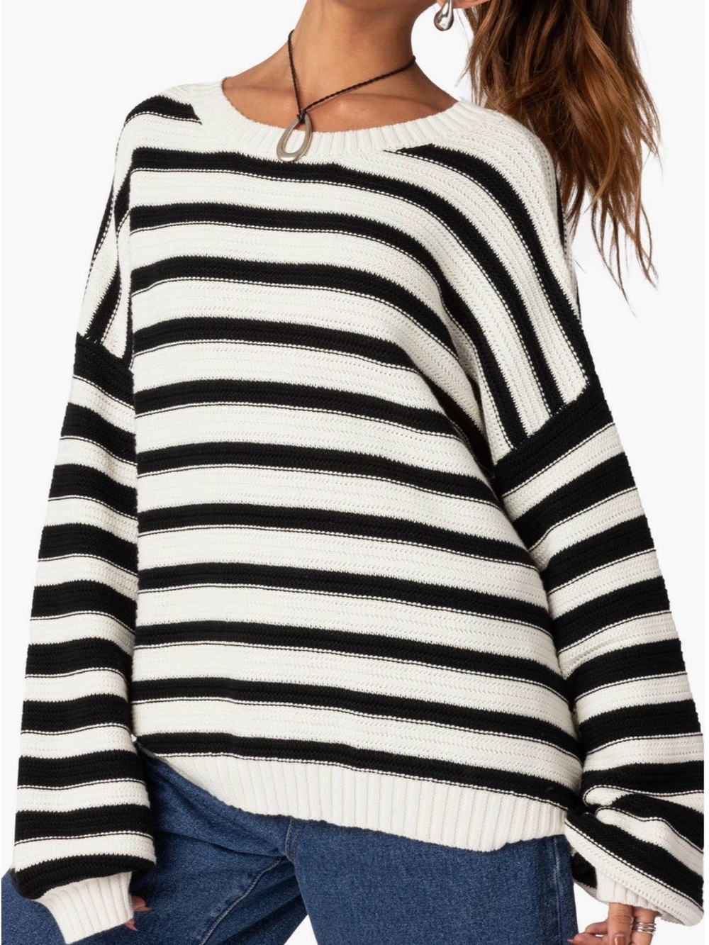 Edikted Black and White Striped Oversized Crewneck Sweater